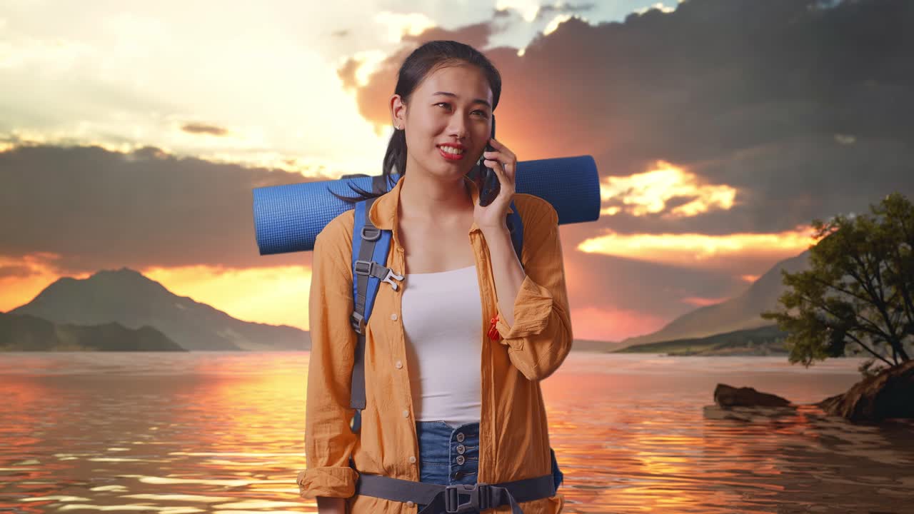 Woman on a Phone Call During a Scenic Sunset Hike