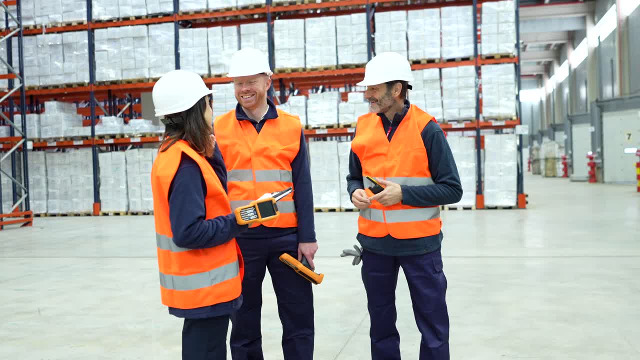 trabajadores del almacén discutiendo el inventario