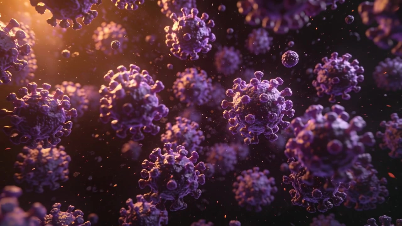 Partículas virales púrpuras giratorias flotando en microvolumen, la cámara avanza revelando profundidad 3D