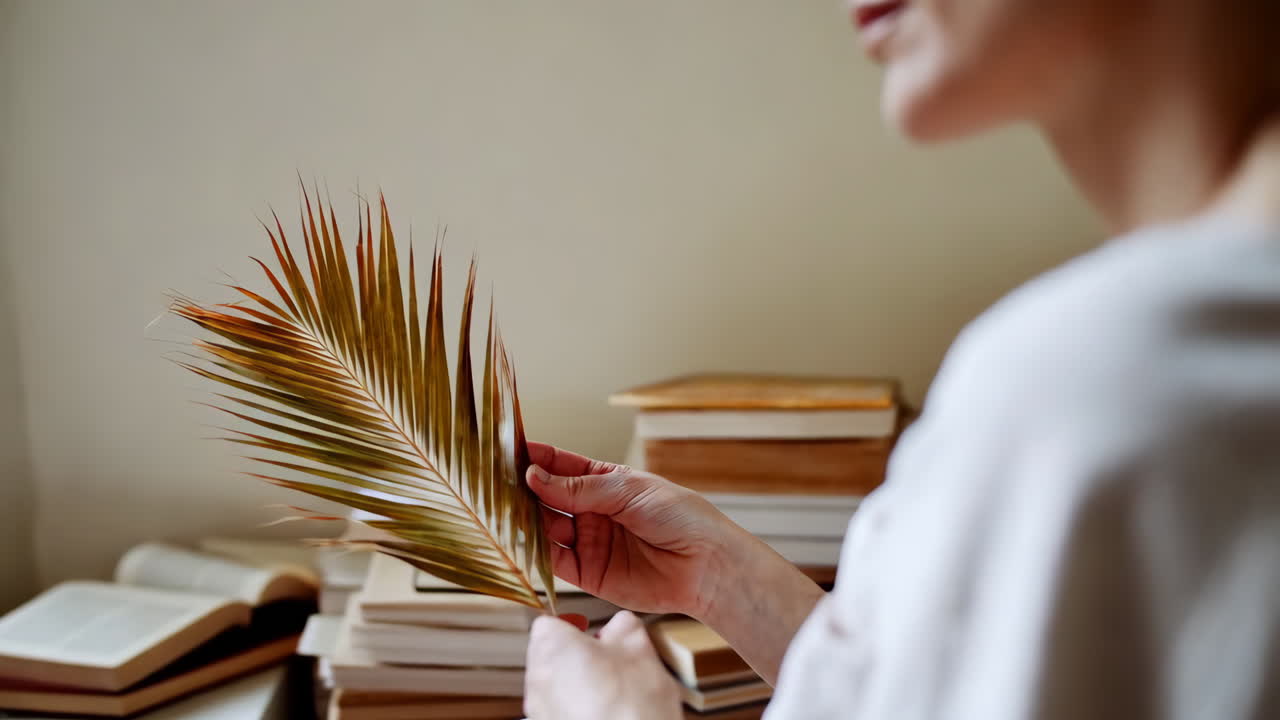 Person holding a dried palm leaf with books in the background