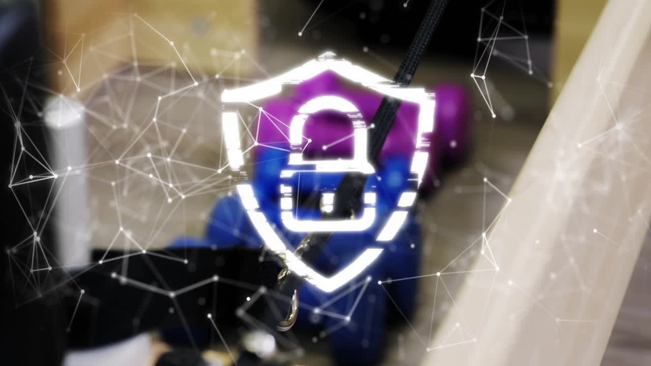 Mesh overlay forming on frame with cable and module, glitching shield into padlock, revealing frame