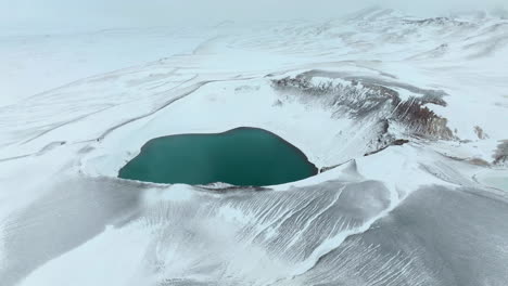 krafla volcanic caldera lake during winter in iceland - aerial shot