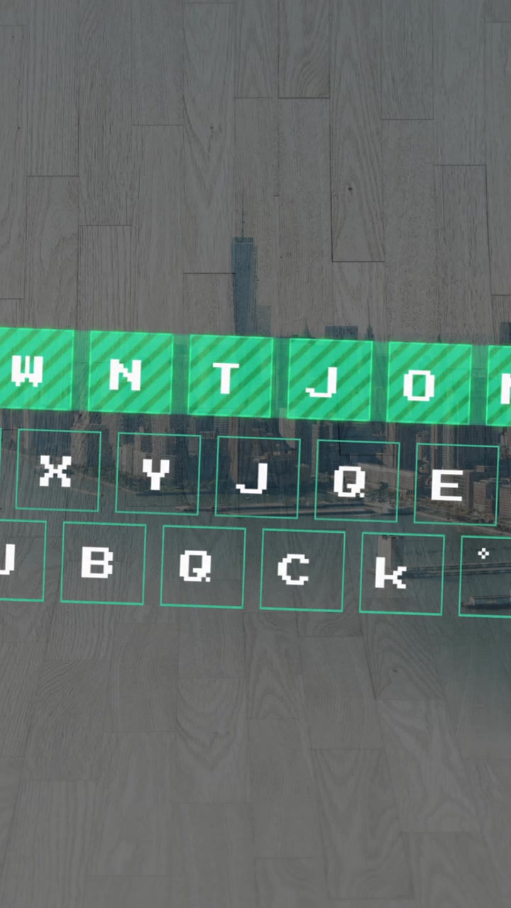 Animation of digital keyboard overlay with letters and symbols over cityscape