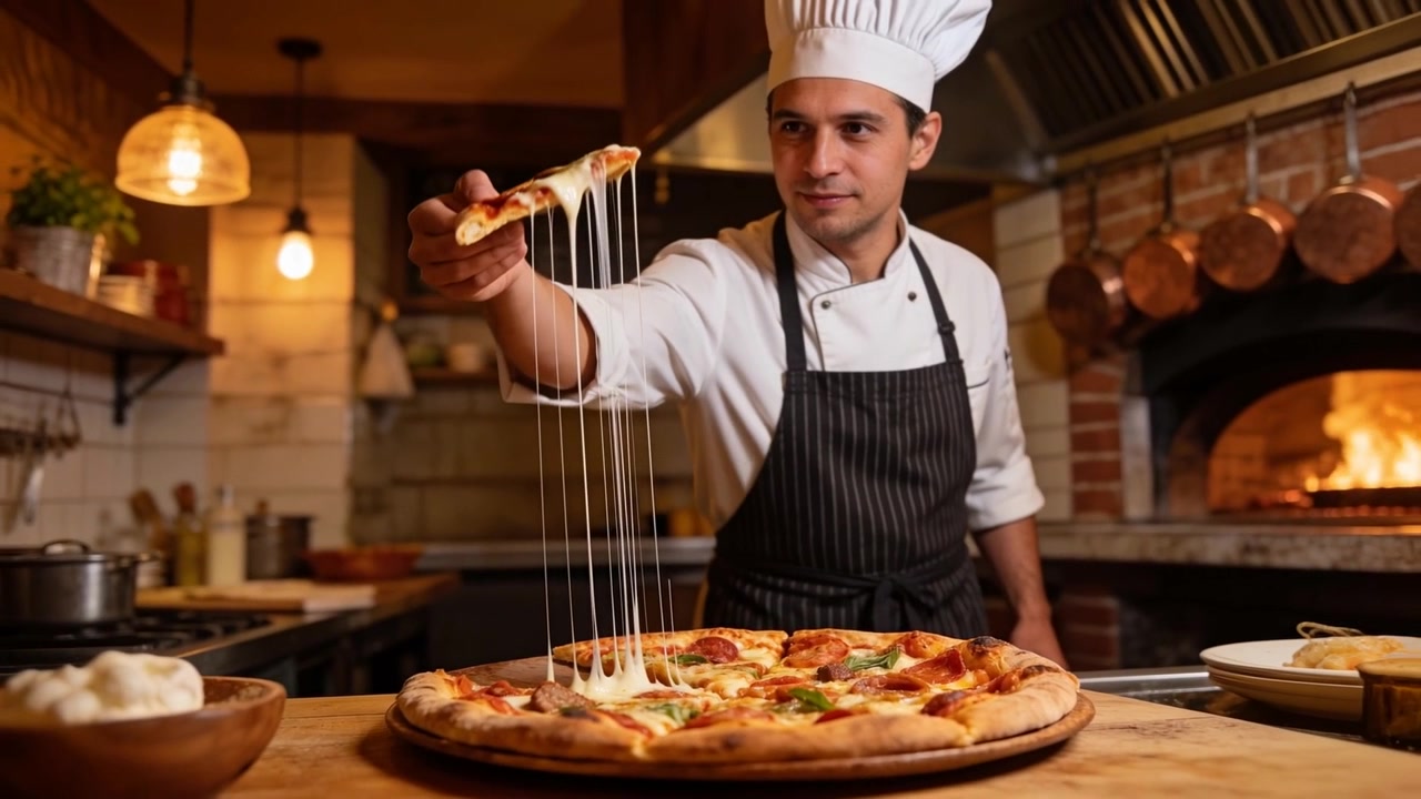 Chef con giacca e grembiule a righe che tira il formaggio da una pizza vicino a un forno a legna, mostrando l'effetto filante.