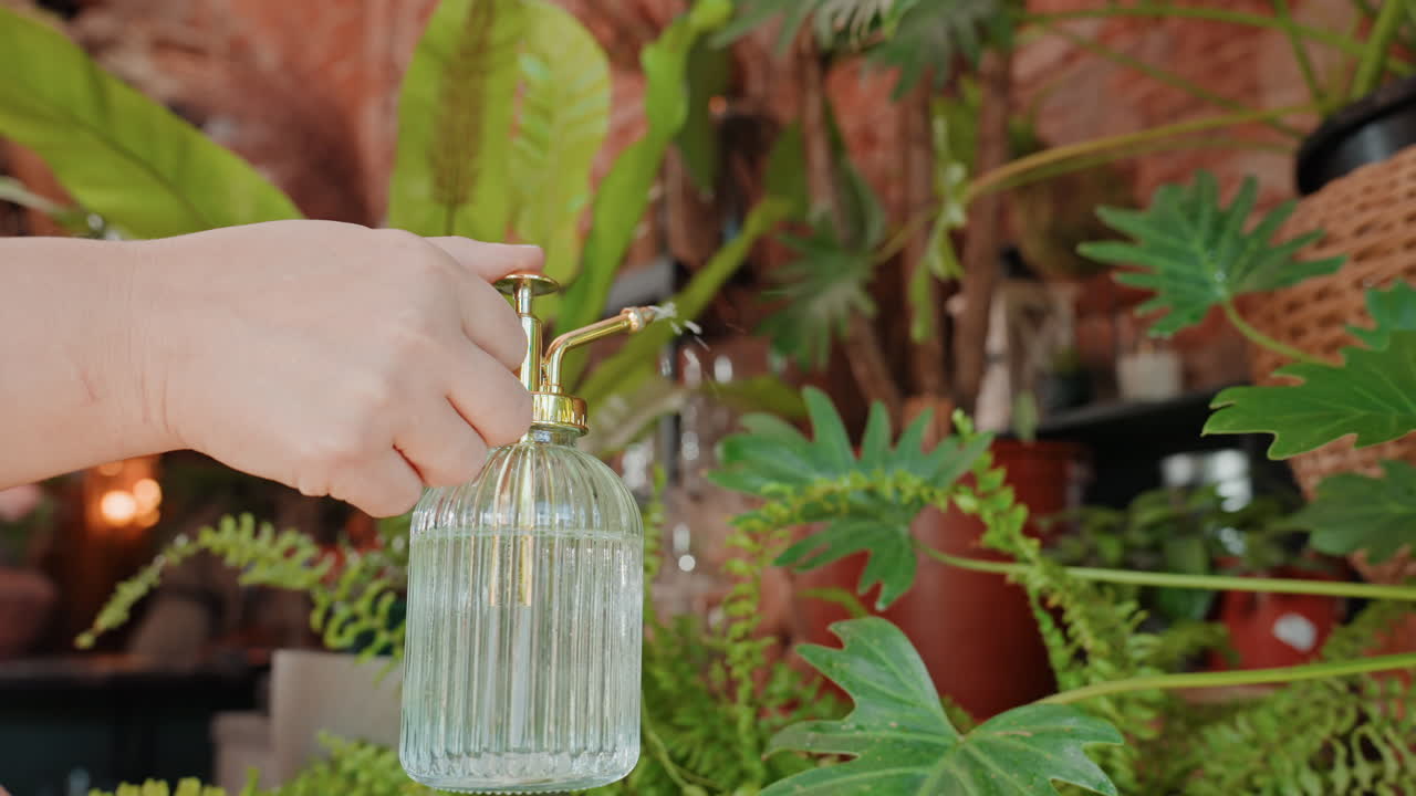 居心地の良い植物店で、ガラス製の霧吹きで水を噴霧する手のクローズアップ、白い服のフローリストが優しい霧で鉢植えの葉物を手入れしている様子、日当たりの良い棚、質感のあるガラスの花瓶、ゆっくりとした丁寧な手入れ、詳細な手と緑の葉