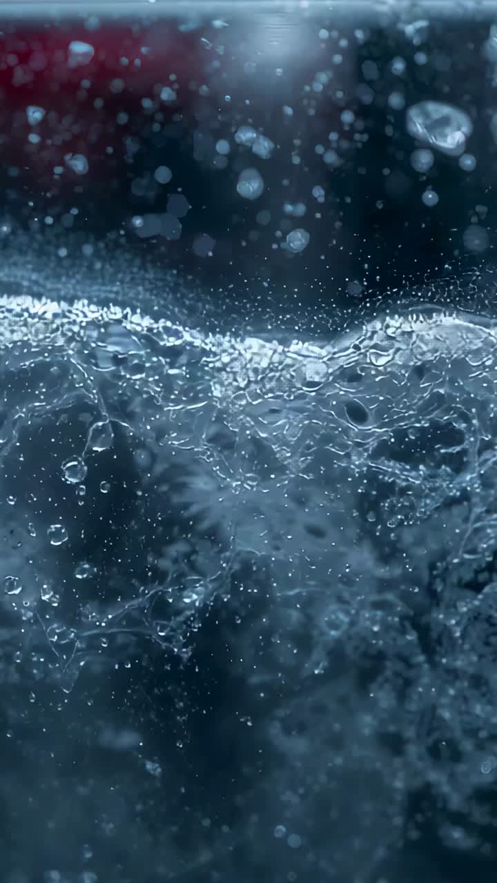 Video verticale: Acqua che si agita con aerazione che inizia sotto il bordo del vetro, microbolle che salgono verso l'alto.