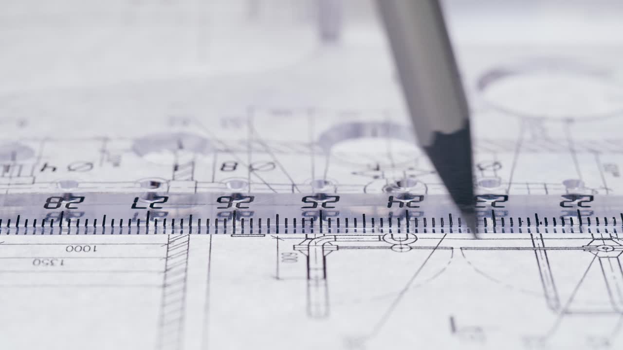 Close-up of a ruler and pencil on architectural blueprints