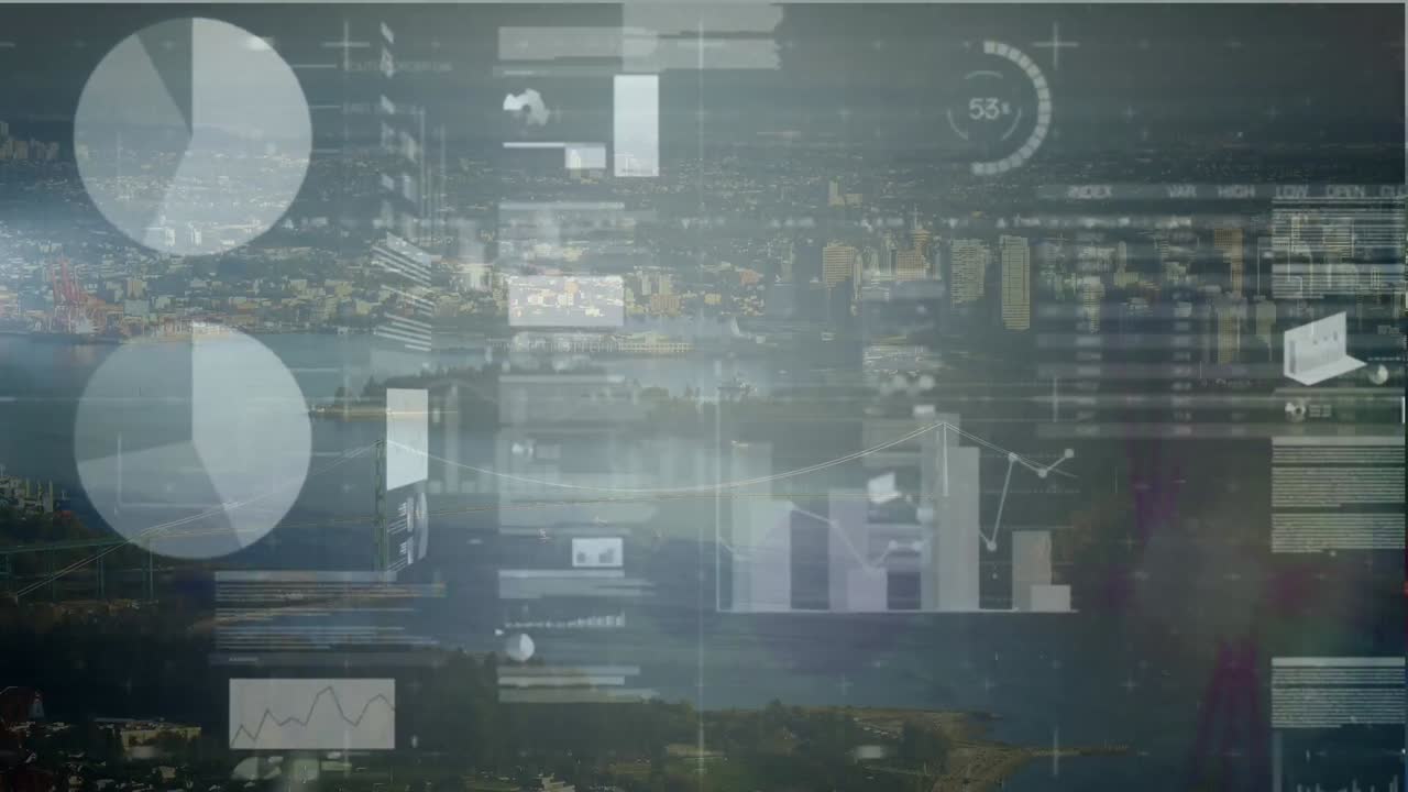 Animation of data processing over cityscape