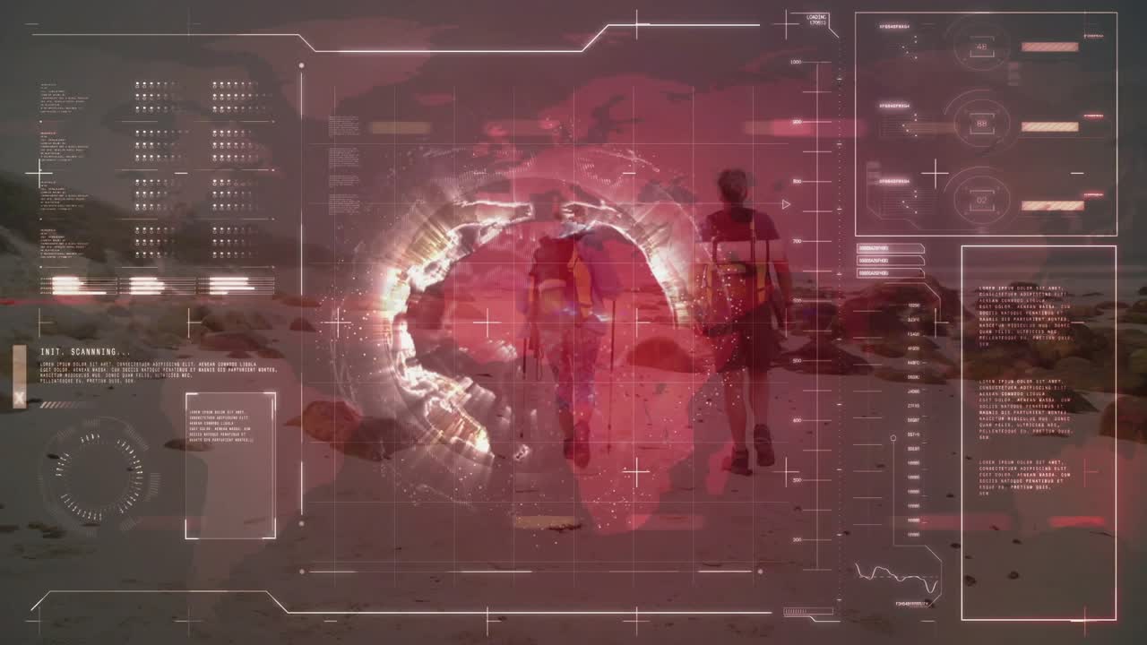 At start globe overlay appearing with hiking couple walking through scanning tech as globe rotating