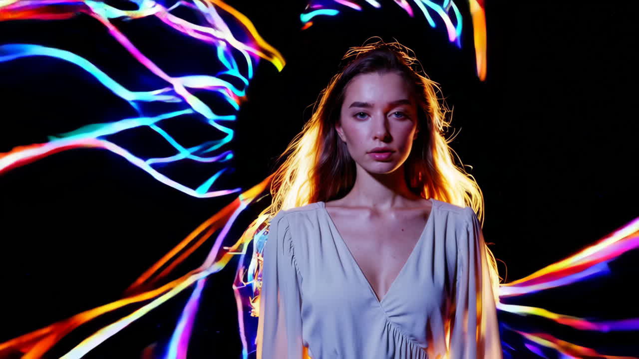 Woman Posing Against Vibrant Neon Light Trails