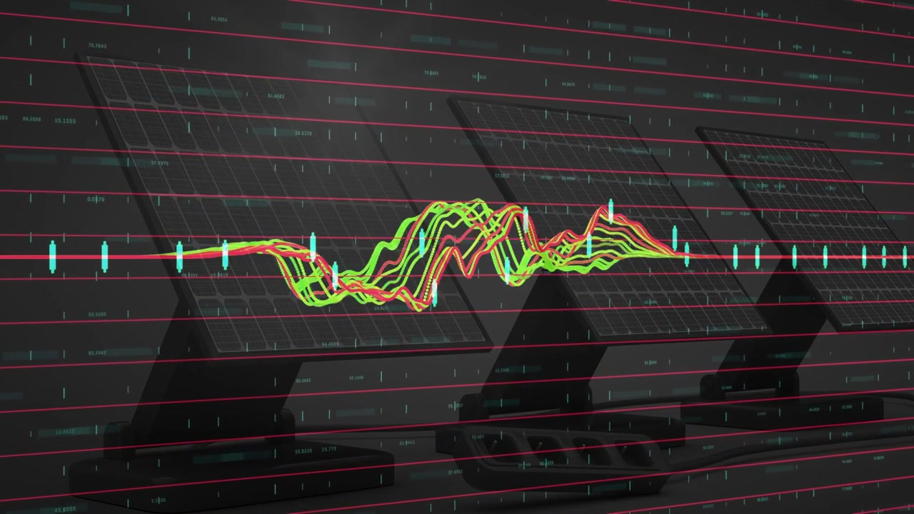 RGB waveform starting low, cyan ticks pulsing, traces growing diverging to peaks for monitoring