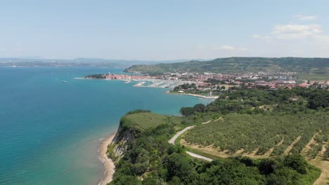 aerial view of izola town on mediterranean coast, slovenia, beautiful summer day