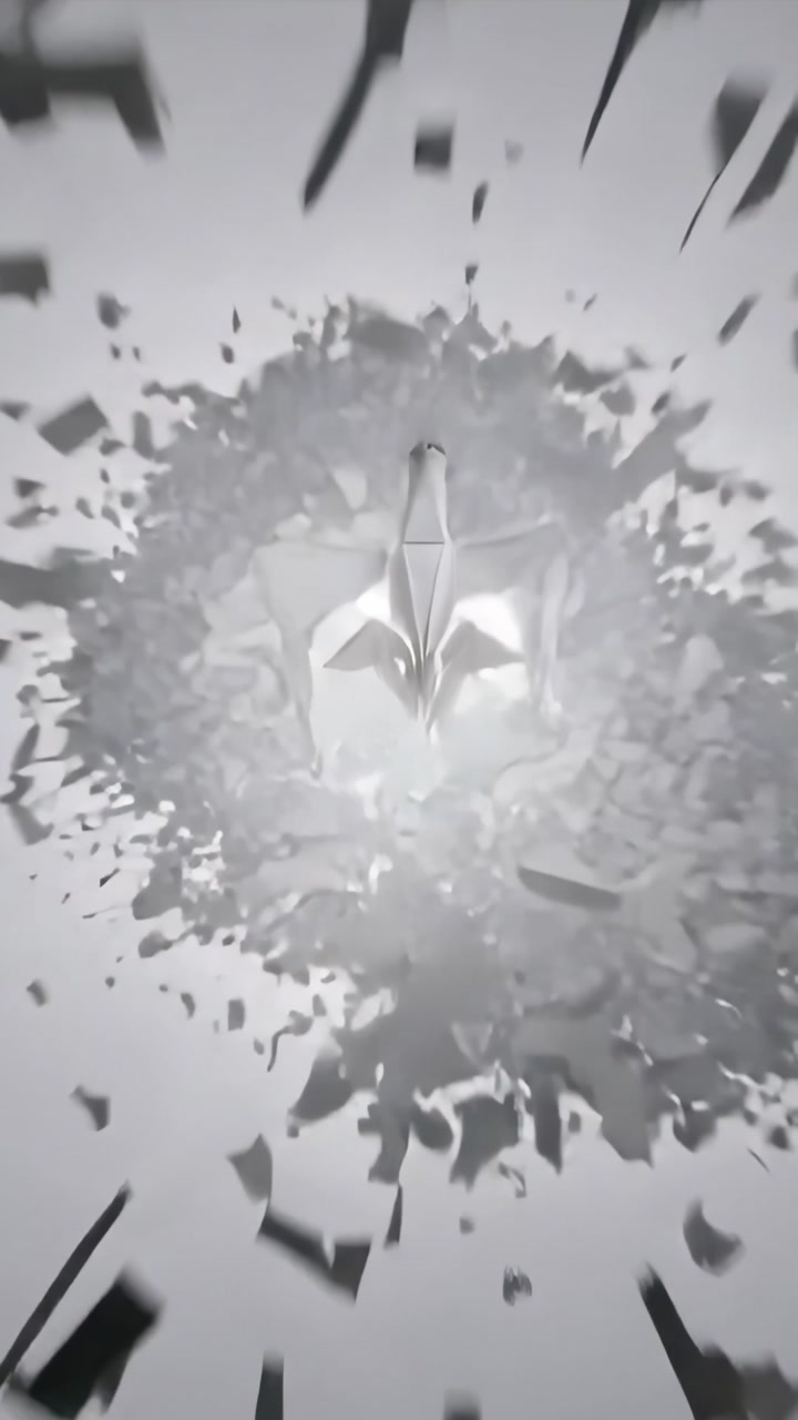 Vertical video: Nearing camera paper bird opening wings in gray studio bursting into glowing shards