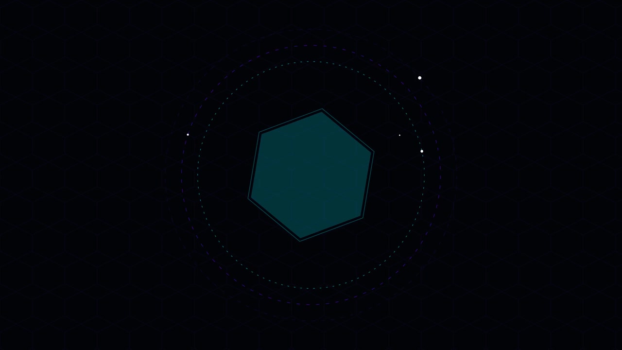 Abstract Digital Hexagon Rotating with Orbital Particles