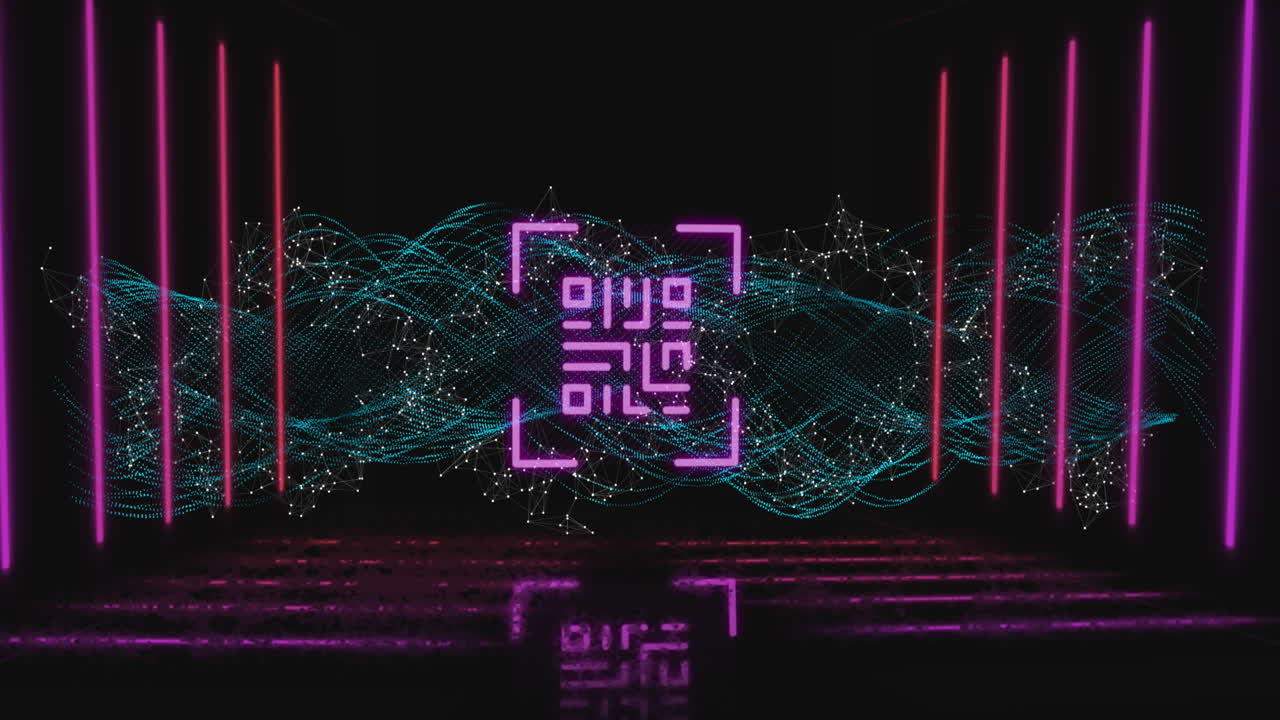 QR code scanner with neon elements against digital wave
