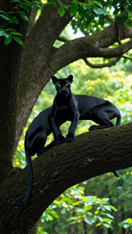 black panther on a tree branch in the jungle