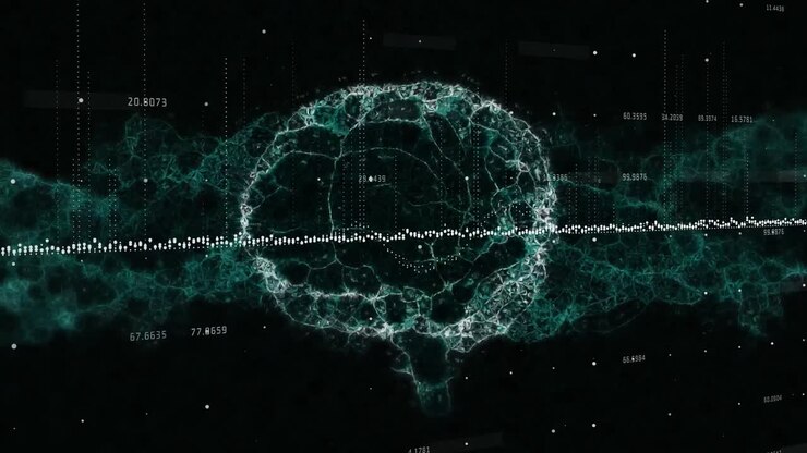 Multiple changing numbers over human brain and digital wave against black background