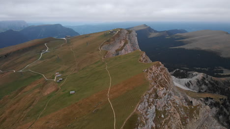 aerial shot from drone of seceda mountain peaks in dolomites, italy