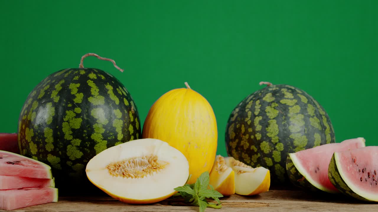 테이블 위에 익은 향기로운 멜론과 수박이 있습니다.