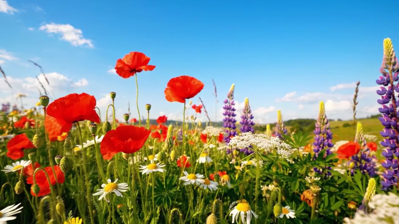 Una vivace esposizione di fiori selvatici colorati sotto un cielo azzurro limpido, che cattura l'essenza della bellezza della natura in fiore con papaveri e lupini in un paesaggio sereno.
