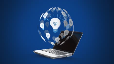 animation of light bulbs forming globe ove laptop on blue background