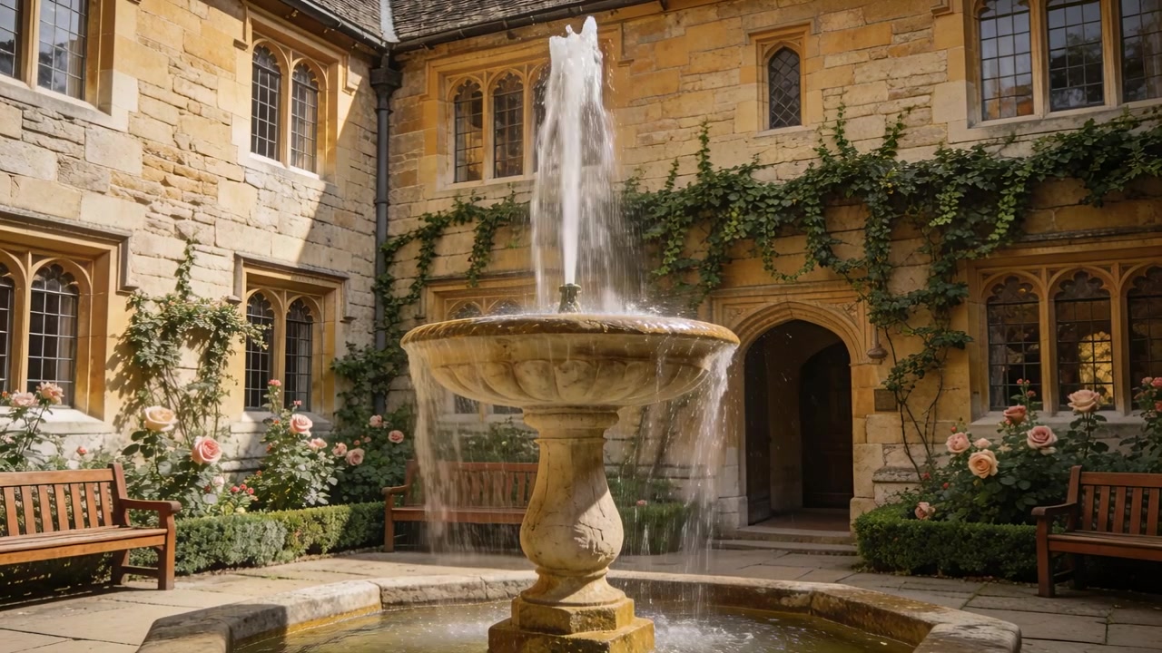 Pompa che fa pulsare una fontana a due livelli, inviando un alto getto d'acqua verso l'alto in un cortile soleggiato per un effetto decorativo.