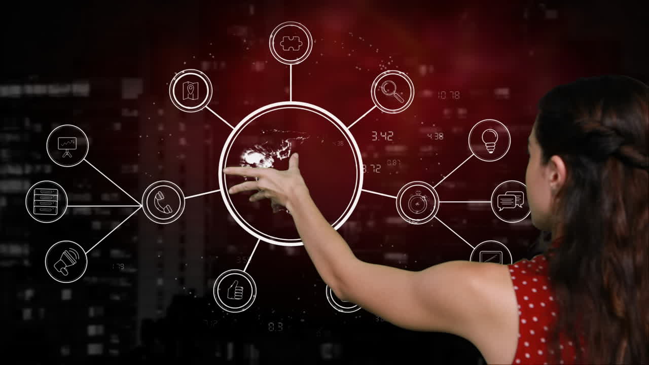 mujer interactuando con una tierra digital en un fondo de la ciudad