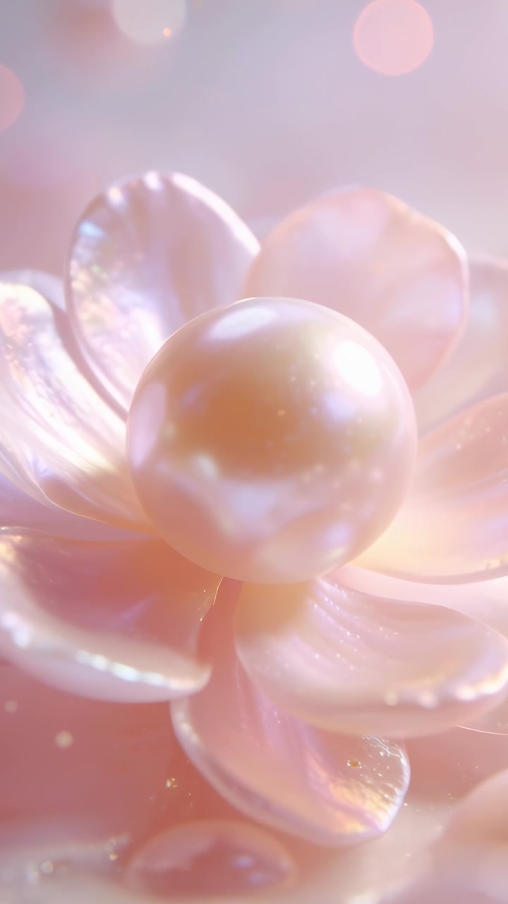 Video verticale: Luce da studio cangiante che muove bagliori su una perla in una coppa a petalo in macro, mostrando le scanalature.