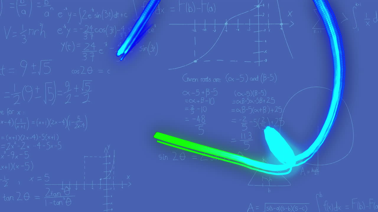 파란색 배경에 빛나는 빛의 흔적과 디지털 데이터 처리의 애니메이션