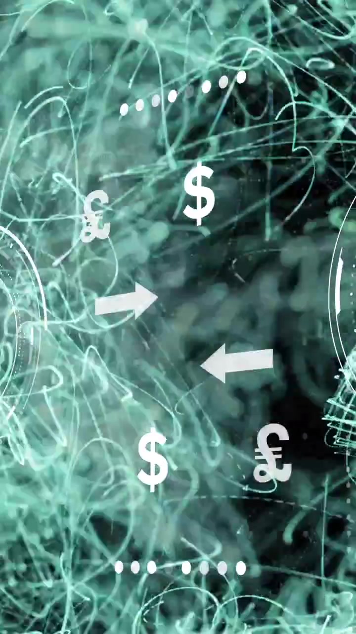 Animation of euro and dollar symbols connected by arrows on digital network background