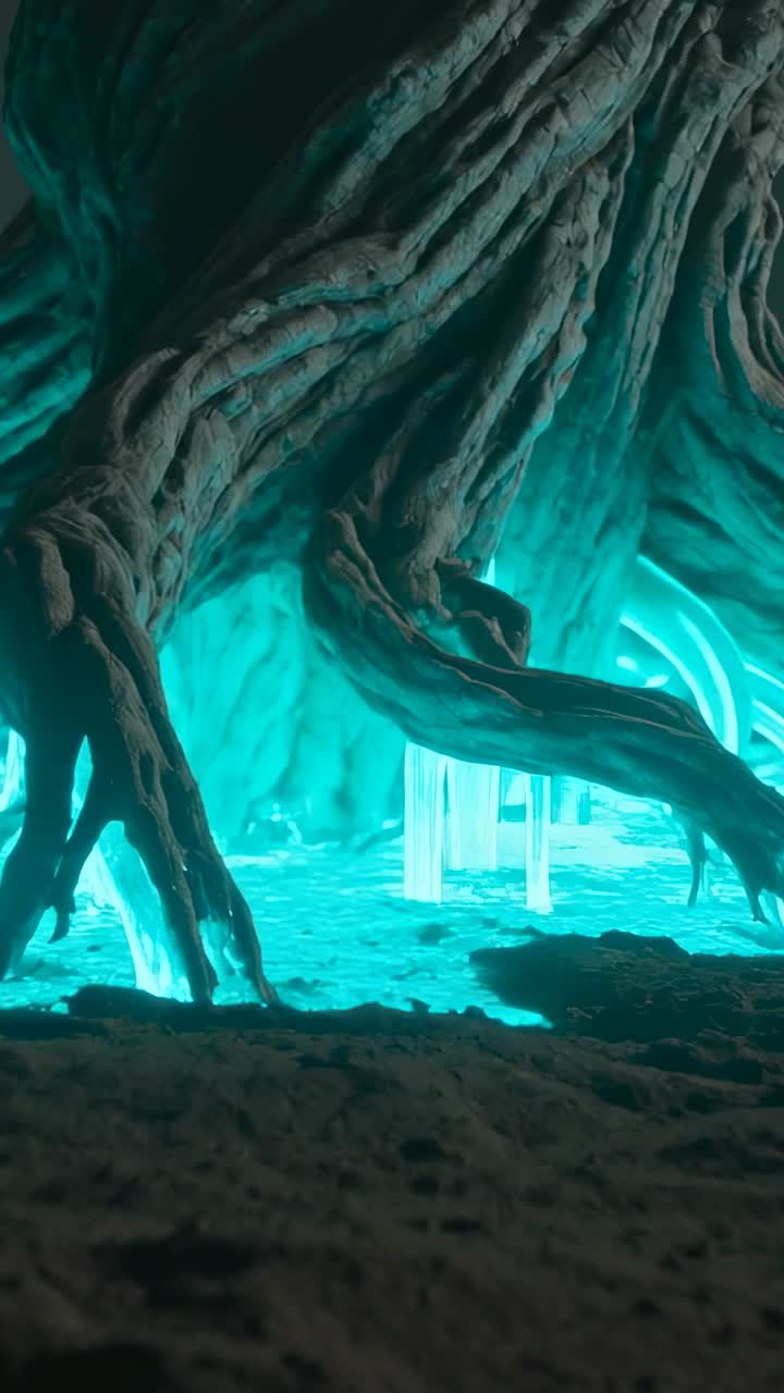 Vertical video: Camera moving, showing gnarled trunk in cave and lighting blue pillars under roots
