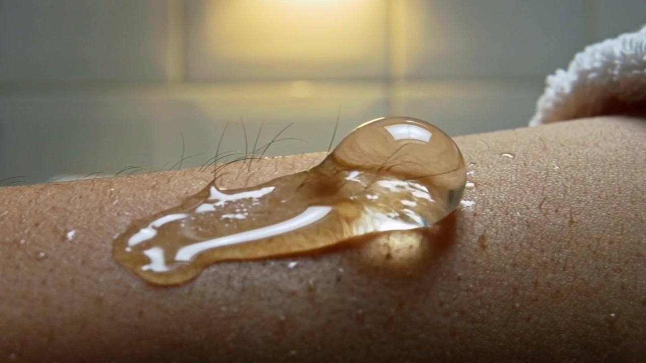 Goccia ambrata che si espande muovendosi lungo l'avambraccio in un bagno piastrellato, bagnando i capelli verso un asciugamano bianco.