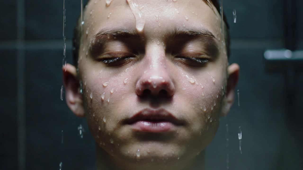 Standing man with shower turning on, washing face under tiled wall, water forming streaks, fixture