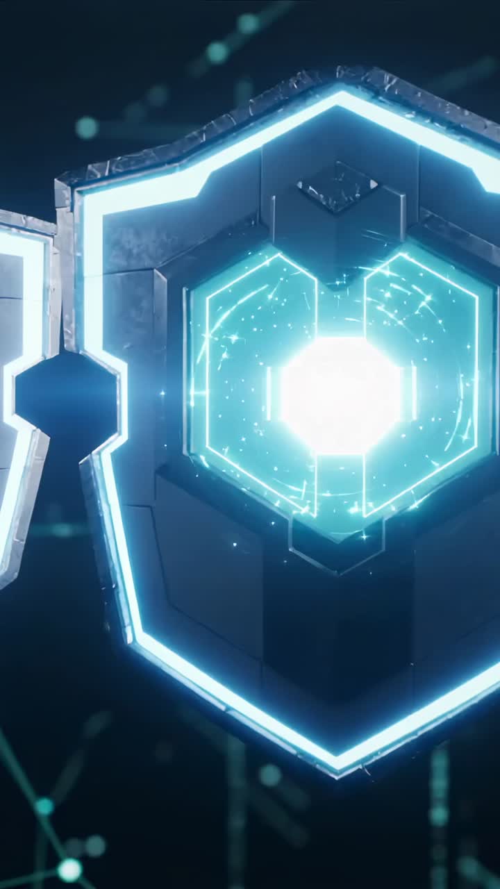 Vertical video: Pulsing shield with cyan core tilting in digital grid, taking beam, throwing sparks