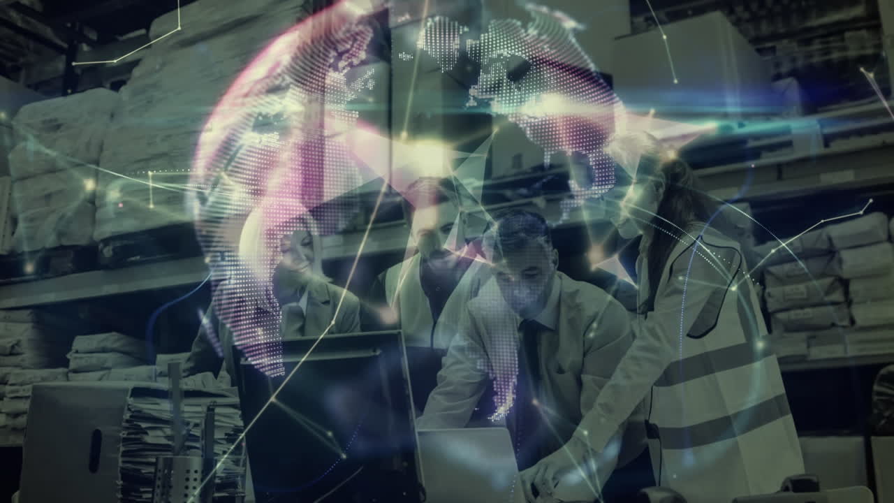 trabajadores de almacén discutiendo planes con animación digital