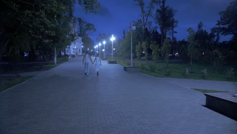 couple walking at night in a park