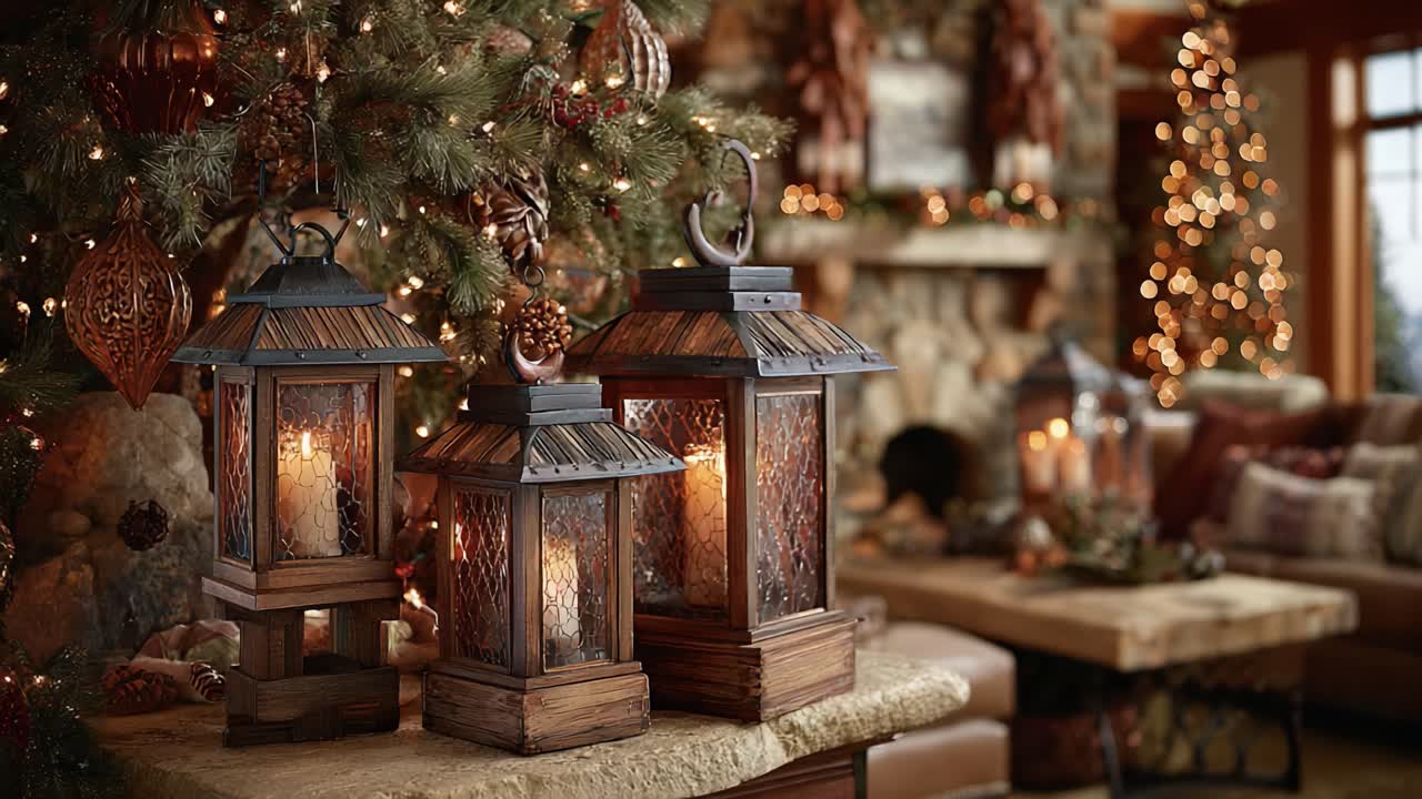 A Cozy Holiday Setting Featuring Elegant Lanterns Illuminating a Festively Decorated Living Room with a Christmas Tree and Warm Ambiance