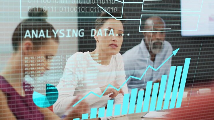 Lead opening business data review, activating HUD showing percent,binary,charts as pointing,tapping