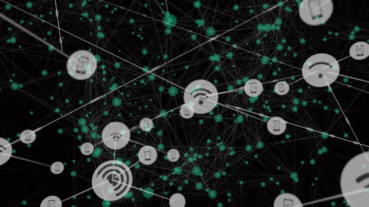 Animation of network of connections with icons on black background