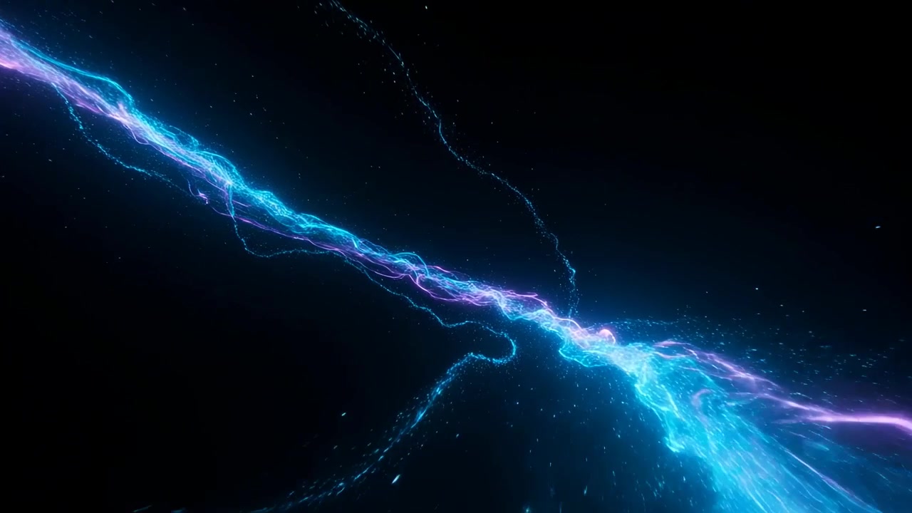 Approaching center, cyan and magenta streams braiding and pulsing in dark void, emitting sparks