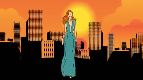 animation of fashion drawing of model over cistyscape, on orange background