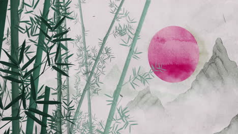 Mysterious-landscape-China's-traditional-Oriental-Digital-Art-animation,-Chinese-retro-painting-ink-misty-mountain-bamboo-sun-with-flowers,-tree,-birds,-river-in-fog-background