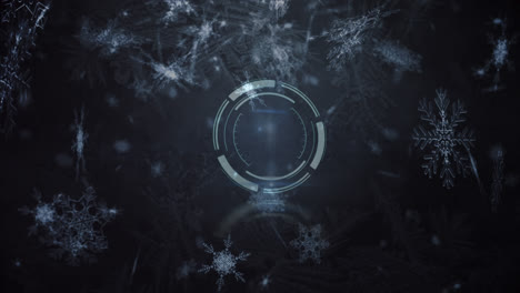 Multiple-snowflakes-icons-falling-over-round-scanner-against-grey-background