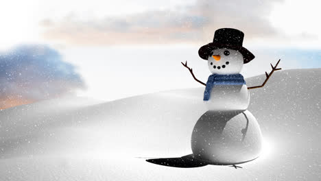 animation of snow falling over smiling snowman in winter scenery