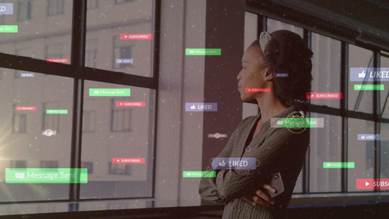 Woman tapping phone, starting social pings and monitoring them floating across panes, smiling