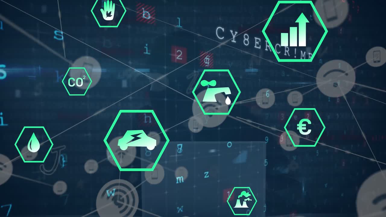 animación de iconos digitales y procesamiento de datos de seguridad cibernética contra un hacker masculino usando una computadora portátil.