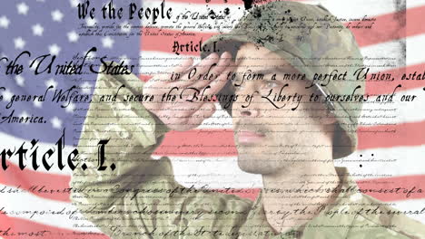 saluting soldier over united states constitution text animation with american flag background