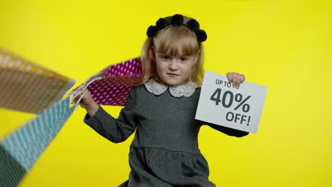 Pupil-girl-with-shopping-bags-showing-Up-To-40-percent-Off-banner-text-advertisement.-Holiday-sale