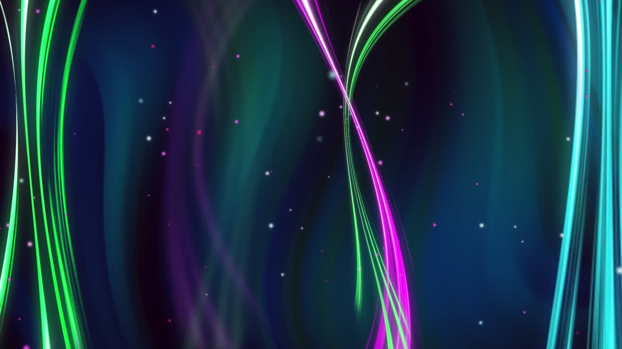분홍색, 초록색 및 파란색 네온  ⁇ 의 애니메이션이 어두운 초록색 및 파란색 소용돌이 배경 위에 움직입니다.
