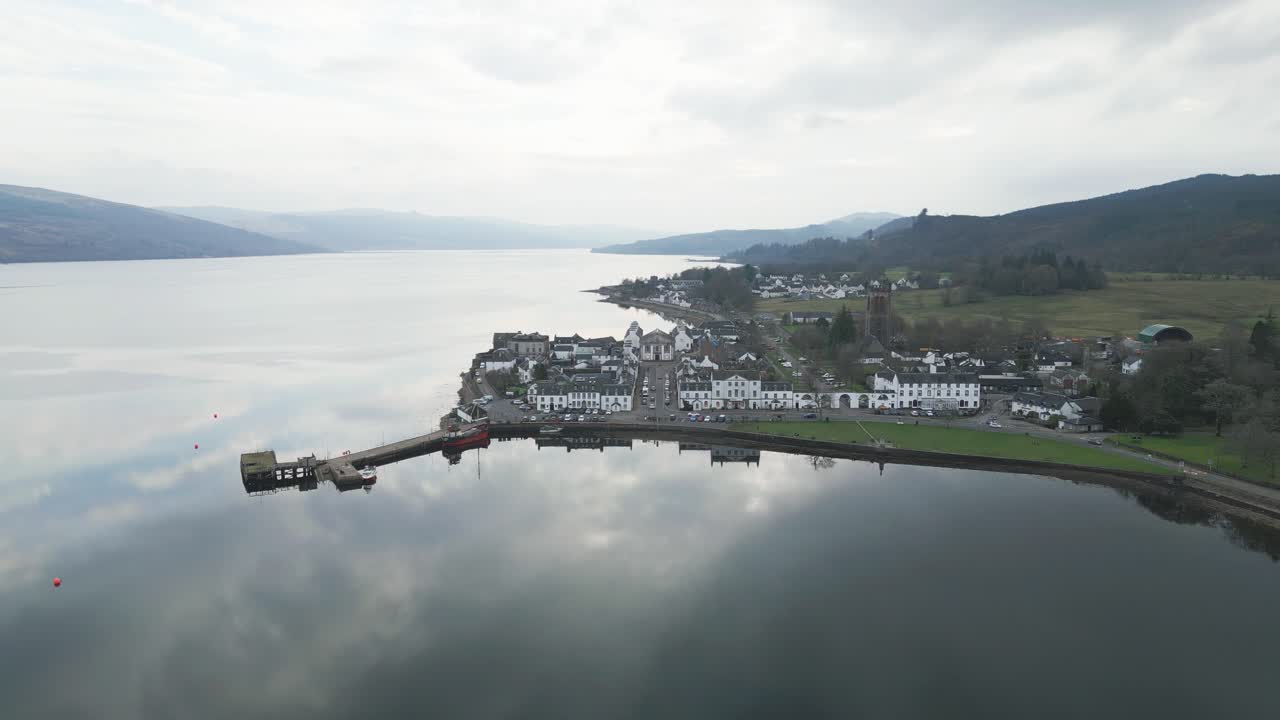 Inveraray, Scotland, Aerial Pull Back Over Loch Fyne